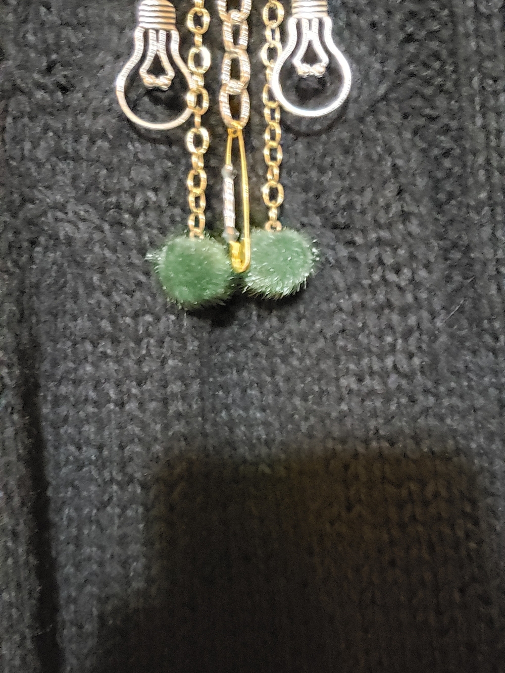 Light Bulb Silver & Gold Chain Sweater Pin with Green Fuzzy Pom Dangles